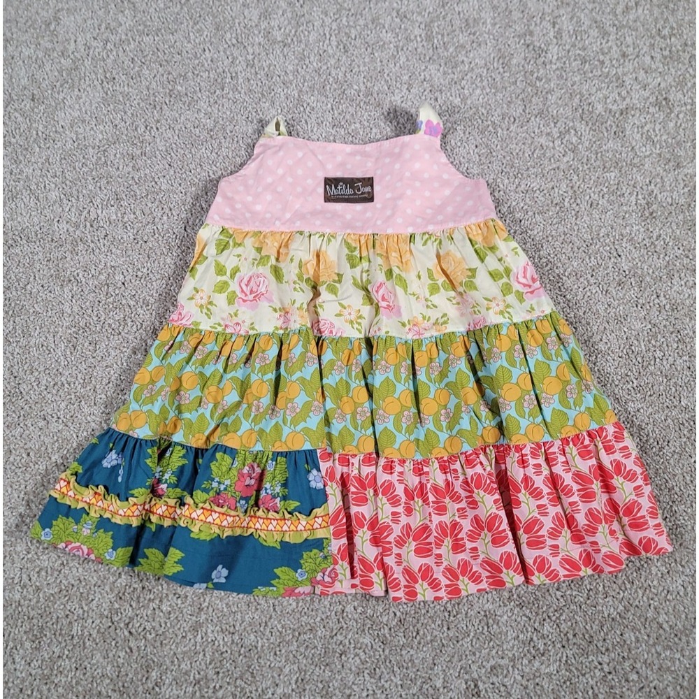 Matilda Jane Good Hart Tiered Knot Dress Roses Tulips Peaches Dots Size 4 Girls